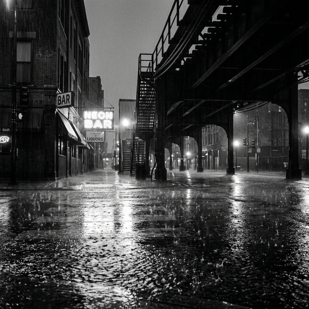 A rain-slicked street corner in Chicago under the El tracks