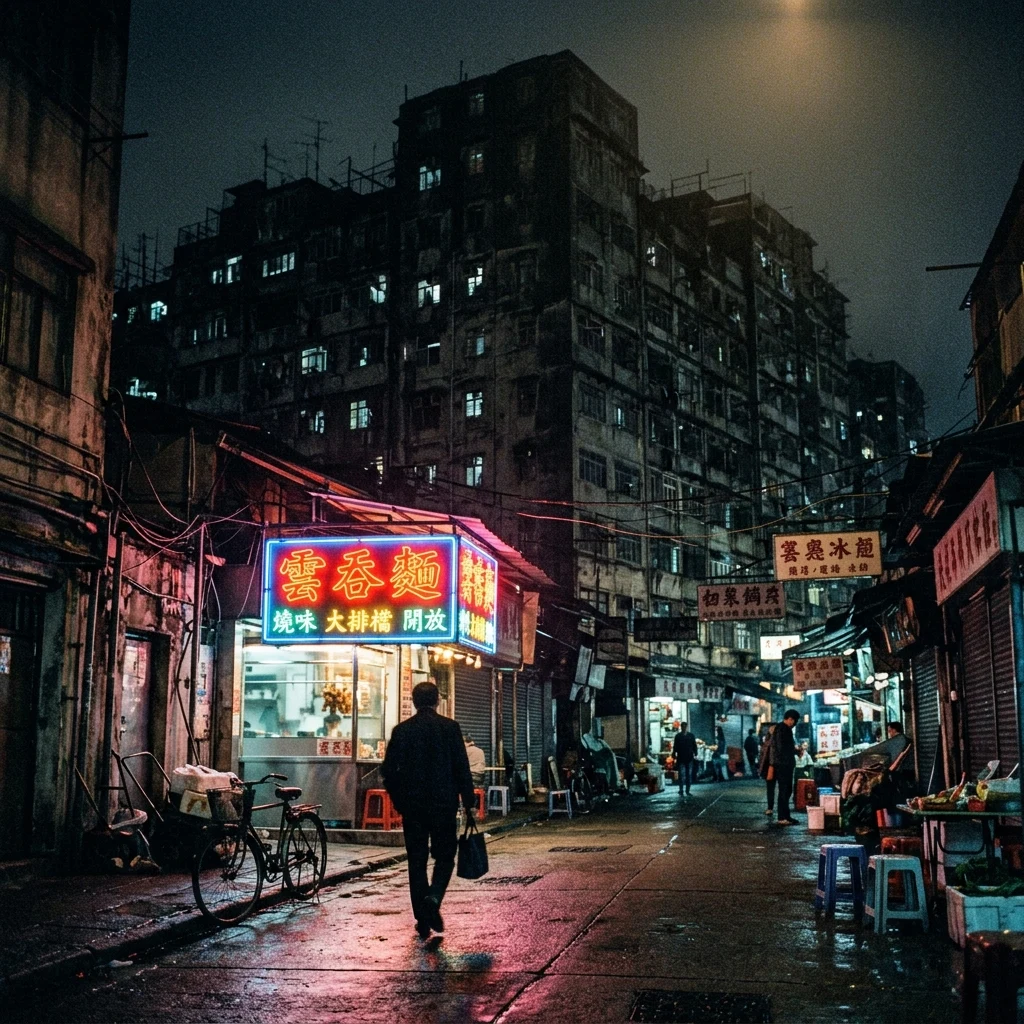 An exterior night photograph of Kowloon Walled City from street level