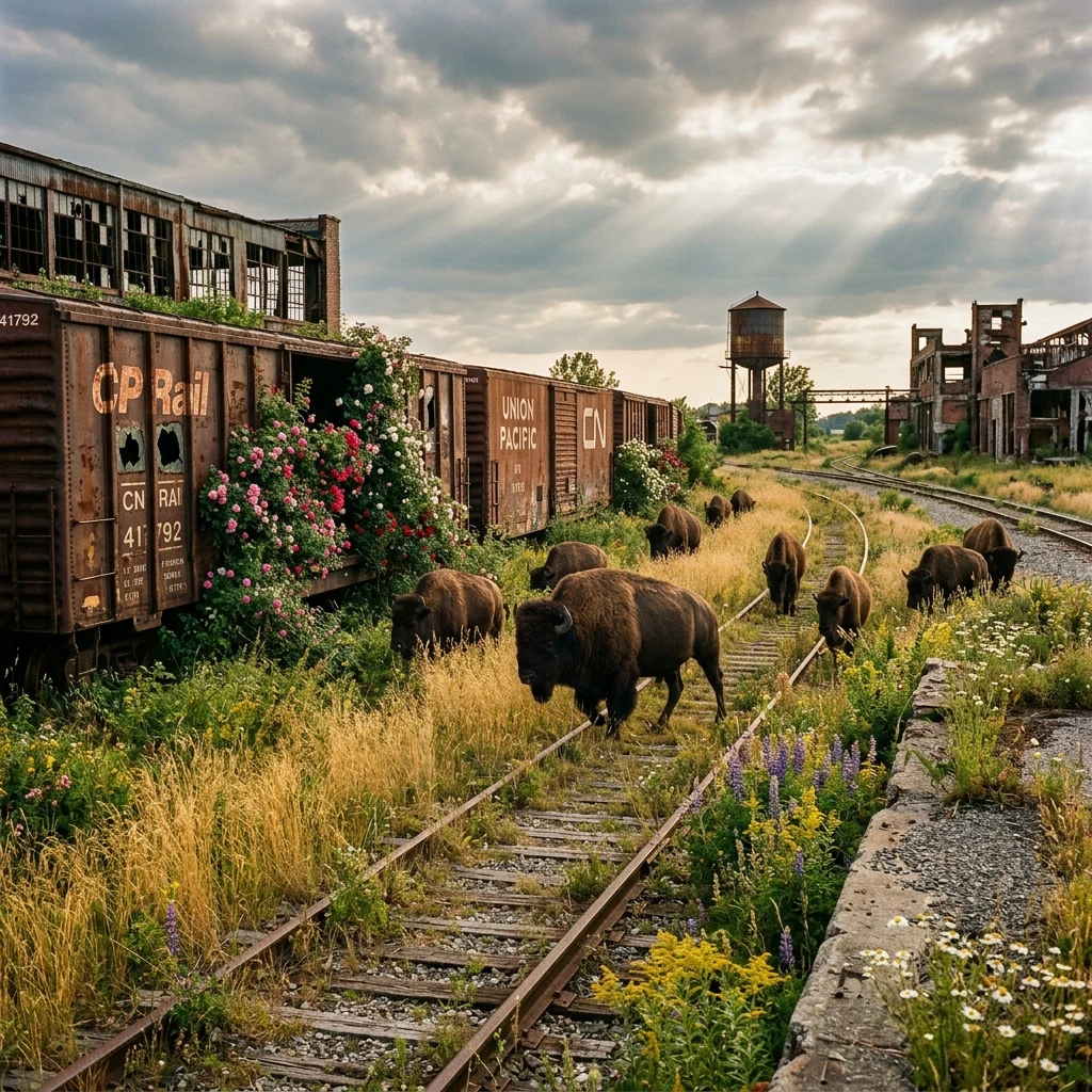 Bison herd wandering through an overgrown train yard