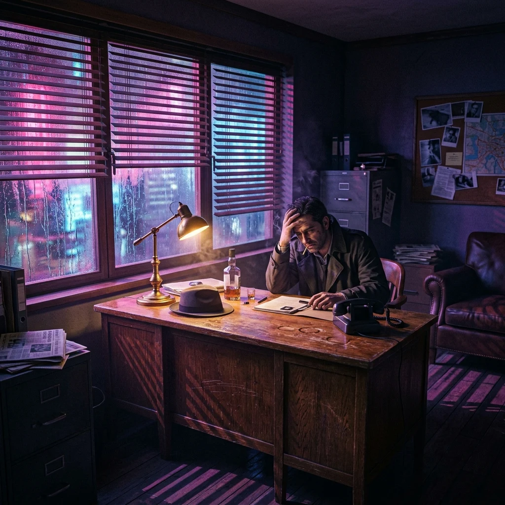 A futuristic retro-noir detective office with wooden blinds casting sharp slatted shadows…
