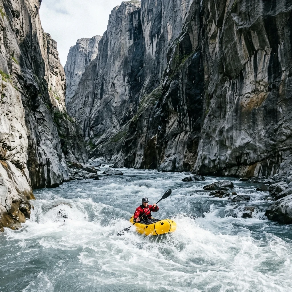A packrafting expedition navigating white water down a remote canyon river in the Brooks…