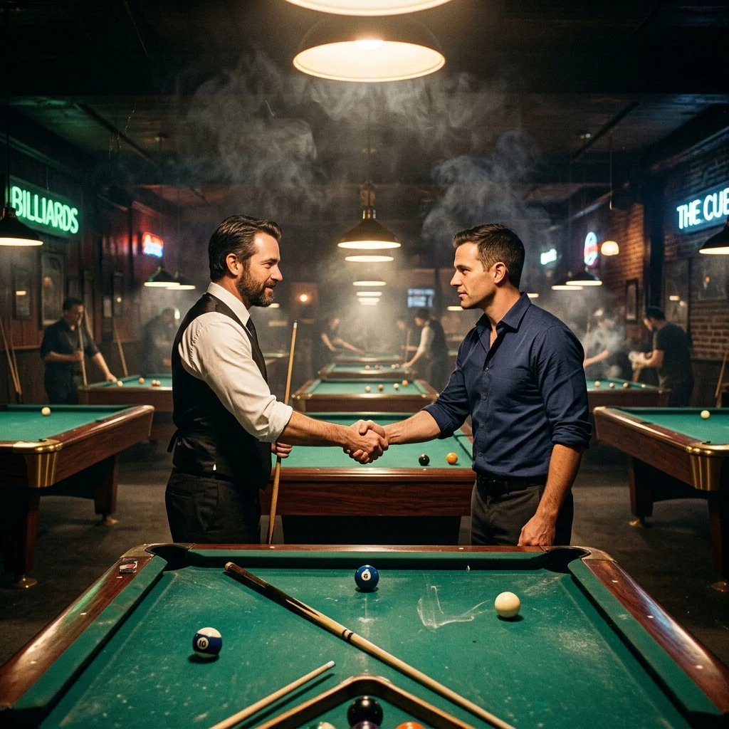 A smoke-filled 1960s pool hall with rows of brass-ringed tables receding into infinity