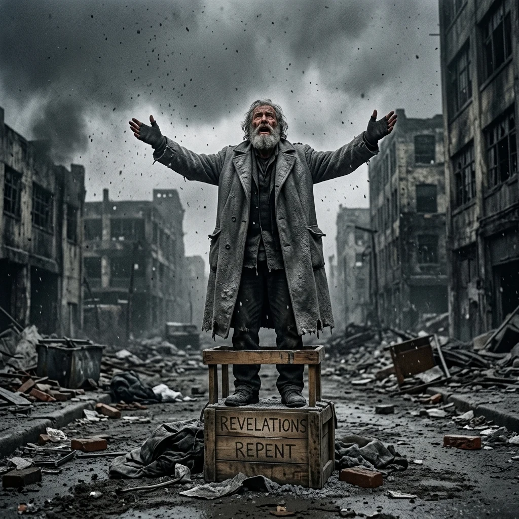 A street preacher standing on a crate during ashfall