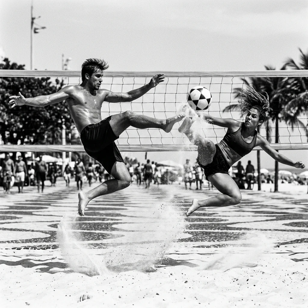 Footvolley players mid-air at Copacabana