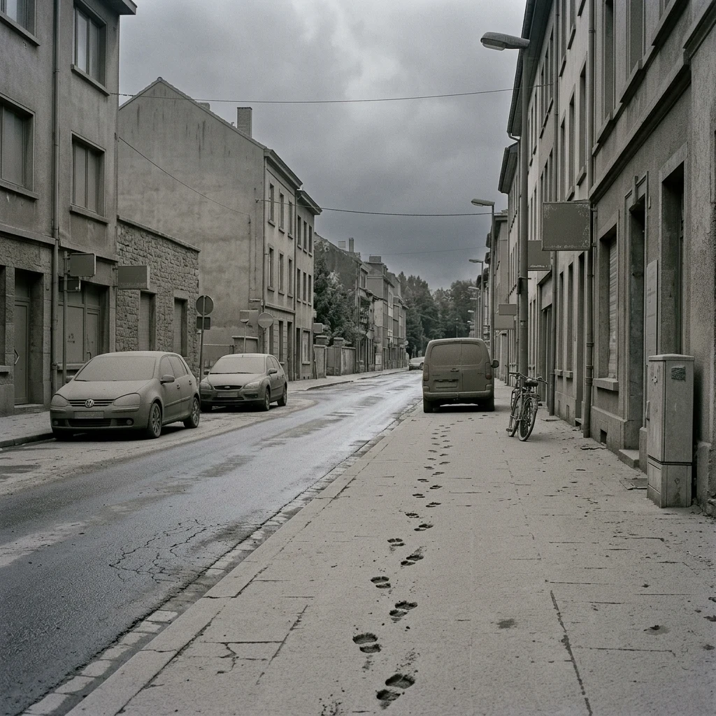 Quiet street covered in volcanic ash