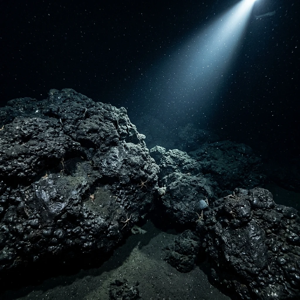 An underwater shot of manganese-coated basalt boulders on the abyssal slopes of the…
