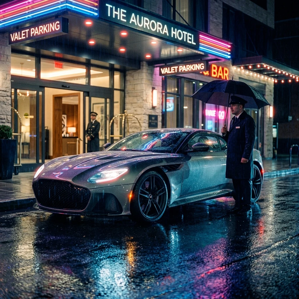A sleek sports car idling outside a rain-soaked hotel entrance