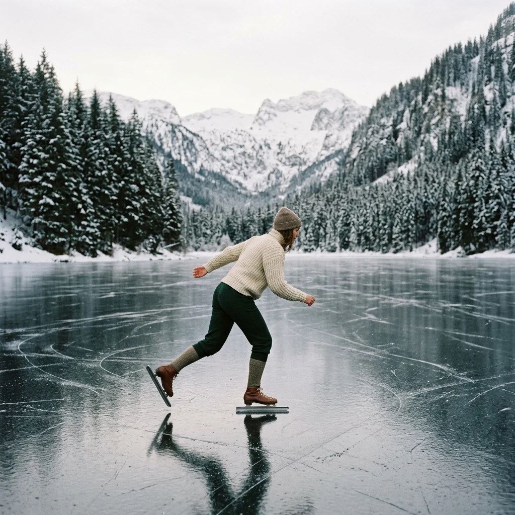 A 1960s speed skater in a heavy hand-knit wool sweater