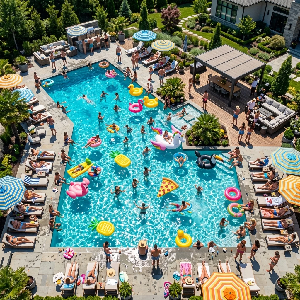 An overhead drone photograph of a pool party