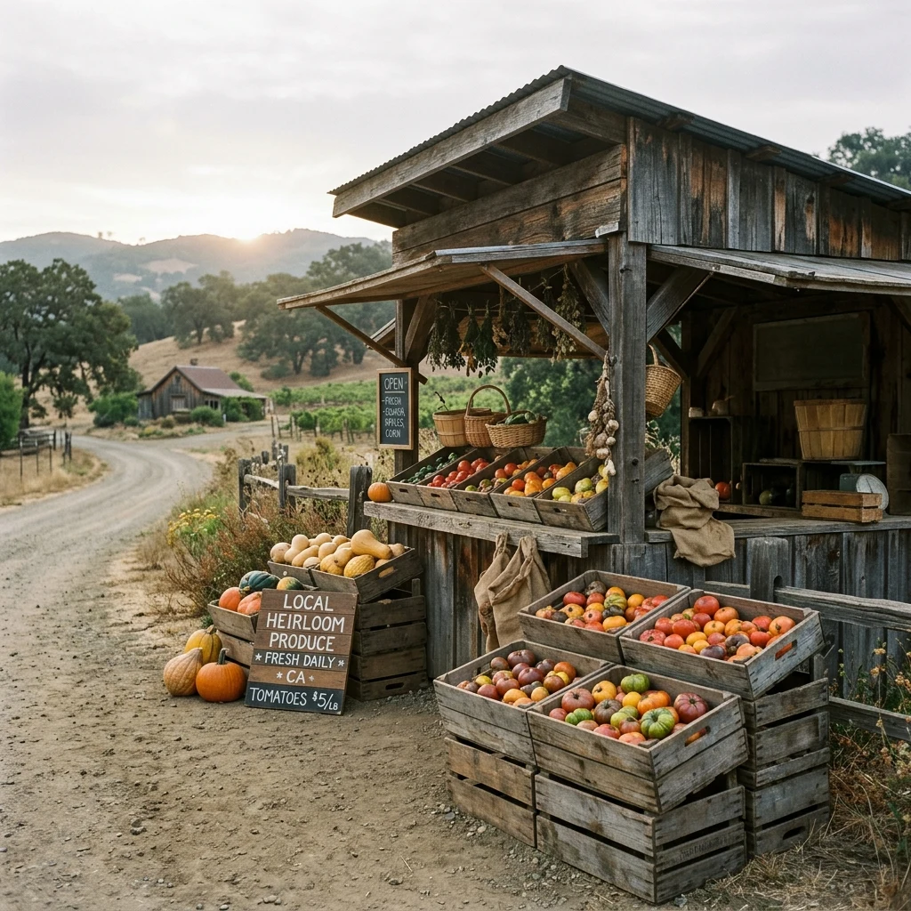 An organic vegetable farm stand on a dusty dirt road in Northern California