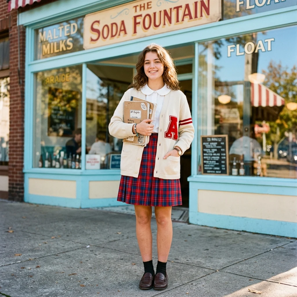 Student outside a vintage soda fountain