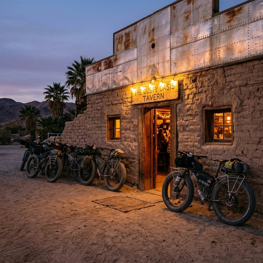 A fleet of rugged mountain bikes with fat tires and welded metal rack systems parked…