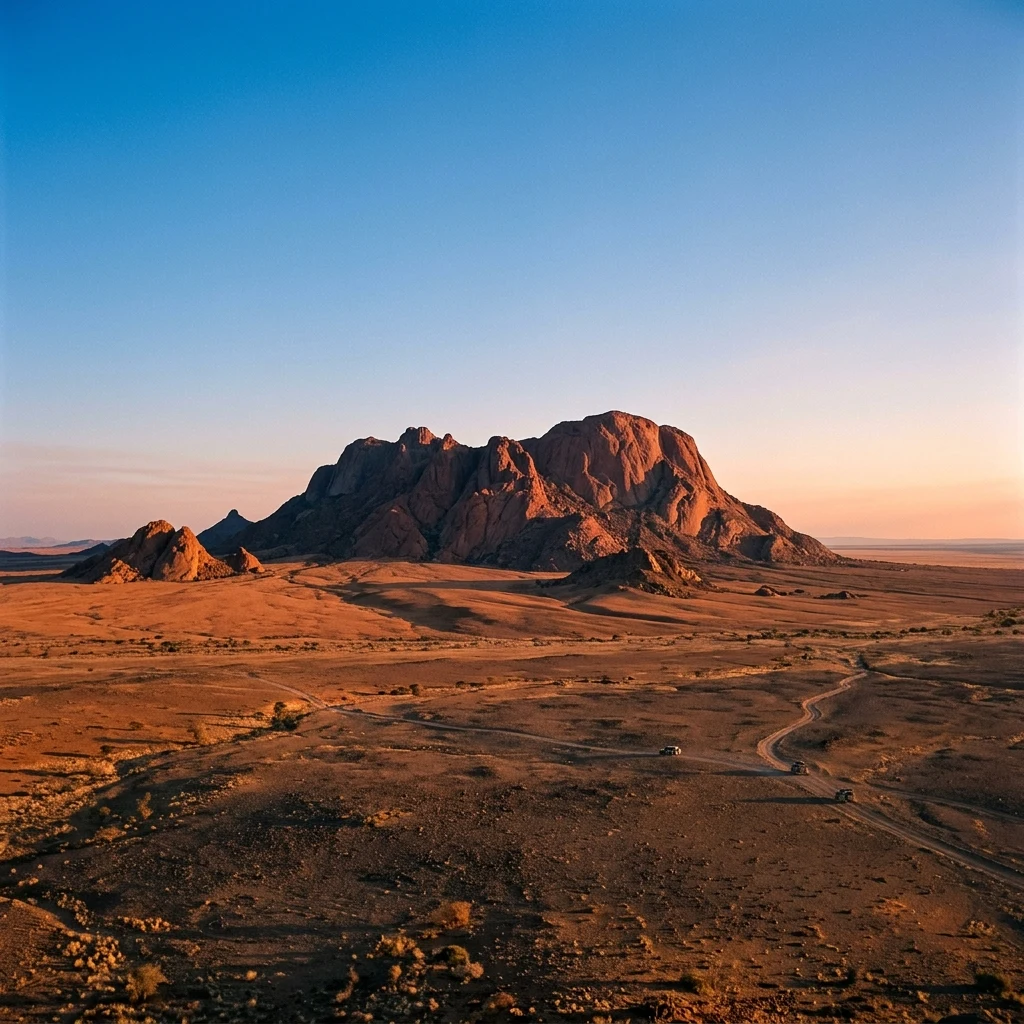 The towering red-granite dome of the Brandberg Massif standing isolated on the flat Namib…