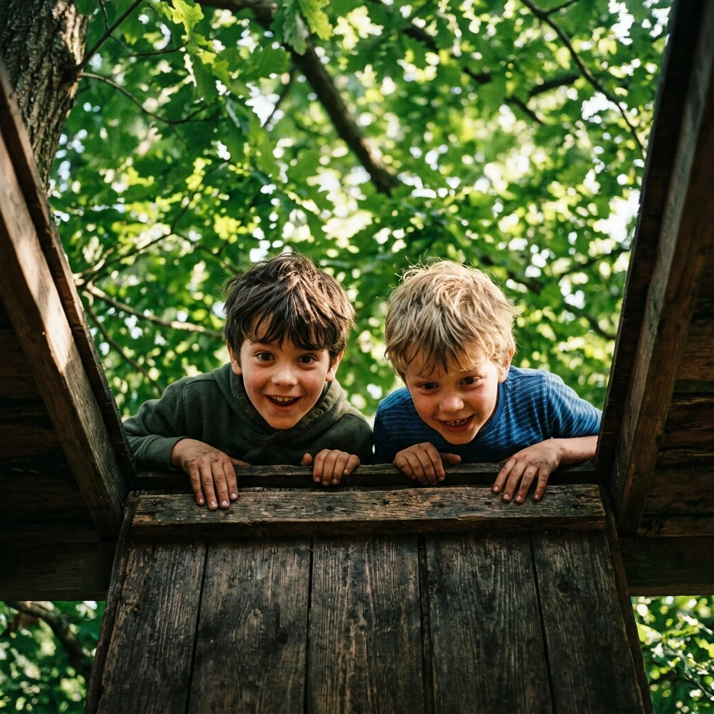 Two boys aged seven and nine sitting in a treehouse trapdoor looking down