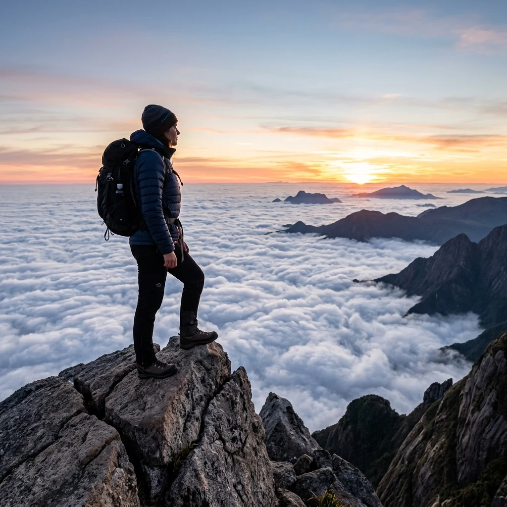 A lone hiker standing on the summit of Pico Paraná in the Serra do Mar at dawn