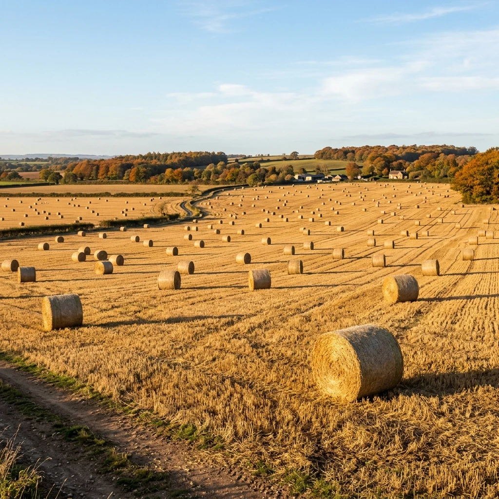 Golden hay bales in a vast autumn field