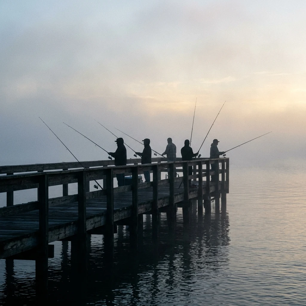 Anglers casting from a pier at dawn