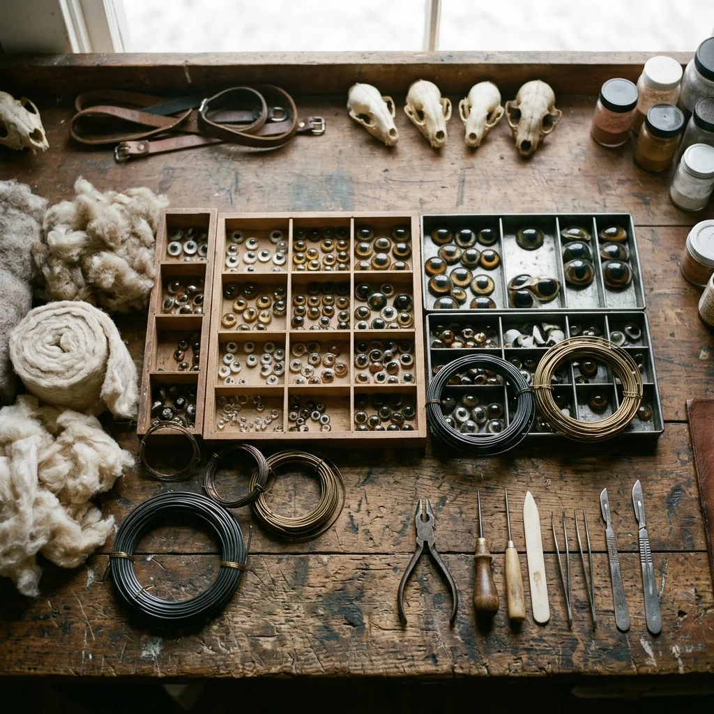 An overhead flat-lay photograph of a taxidermy workshop bench