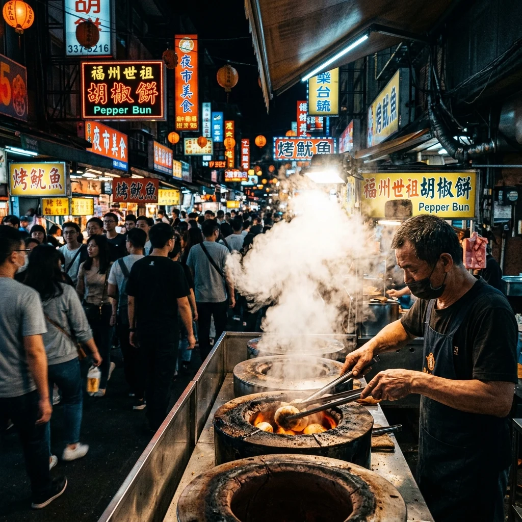 Steaming food stalls at a busy market