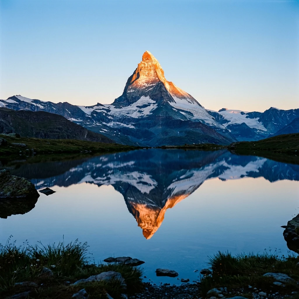 Reflections of the Matterhorn in a mirror-still alpine tarn at first light