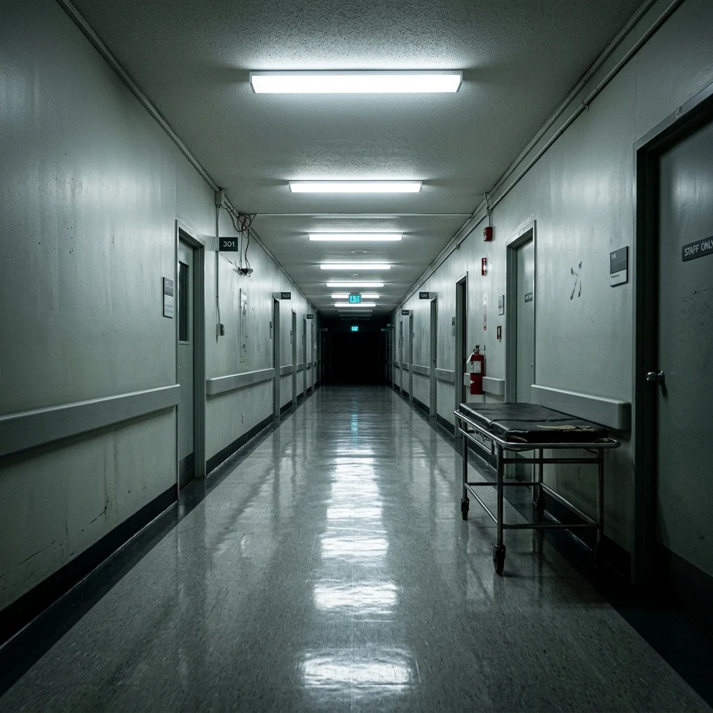 A hospital corridor at night photographed on a wide lens