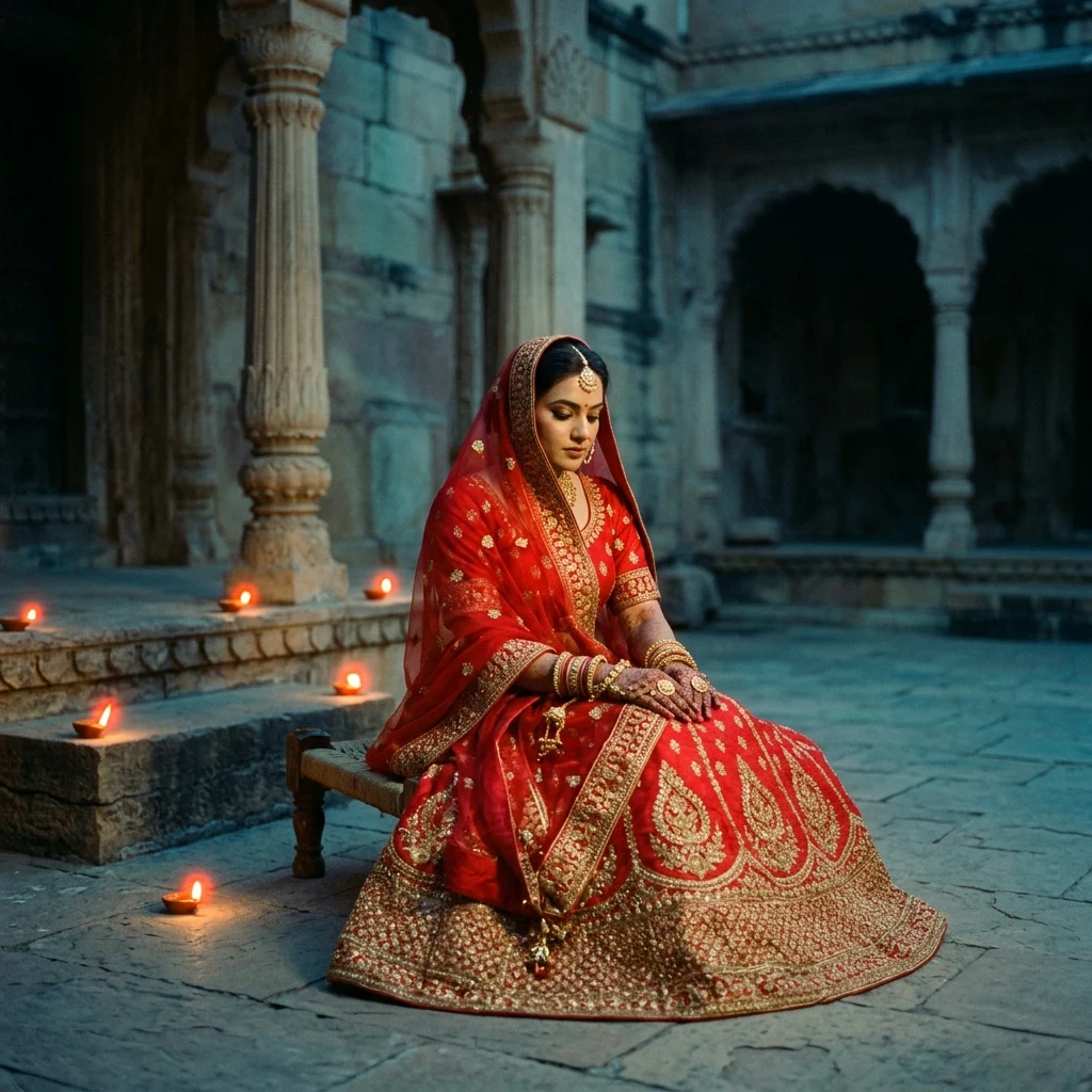 Bride in a courtyard at dusk