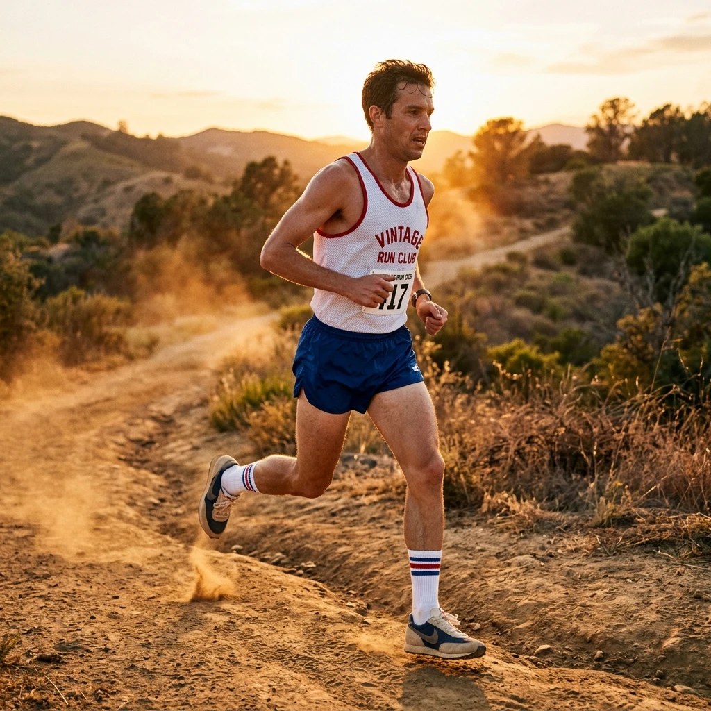 Runner on a dusty trail at sunset