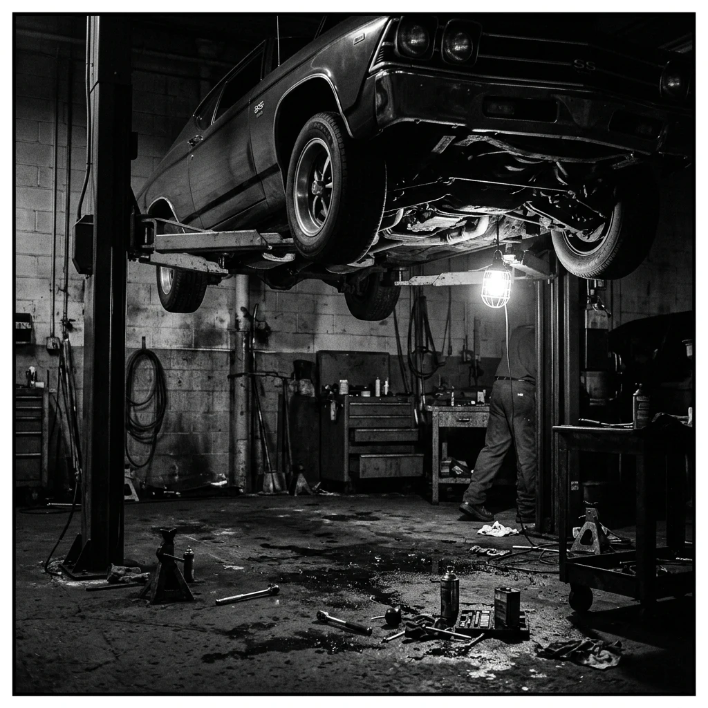An auto repair garage bay lit by a single caged work lamp