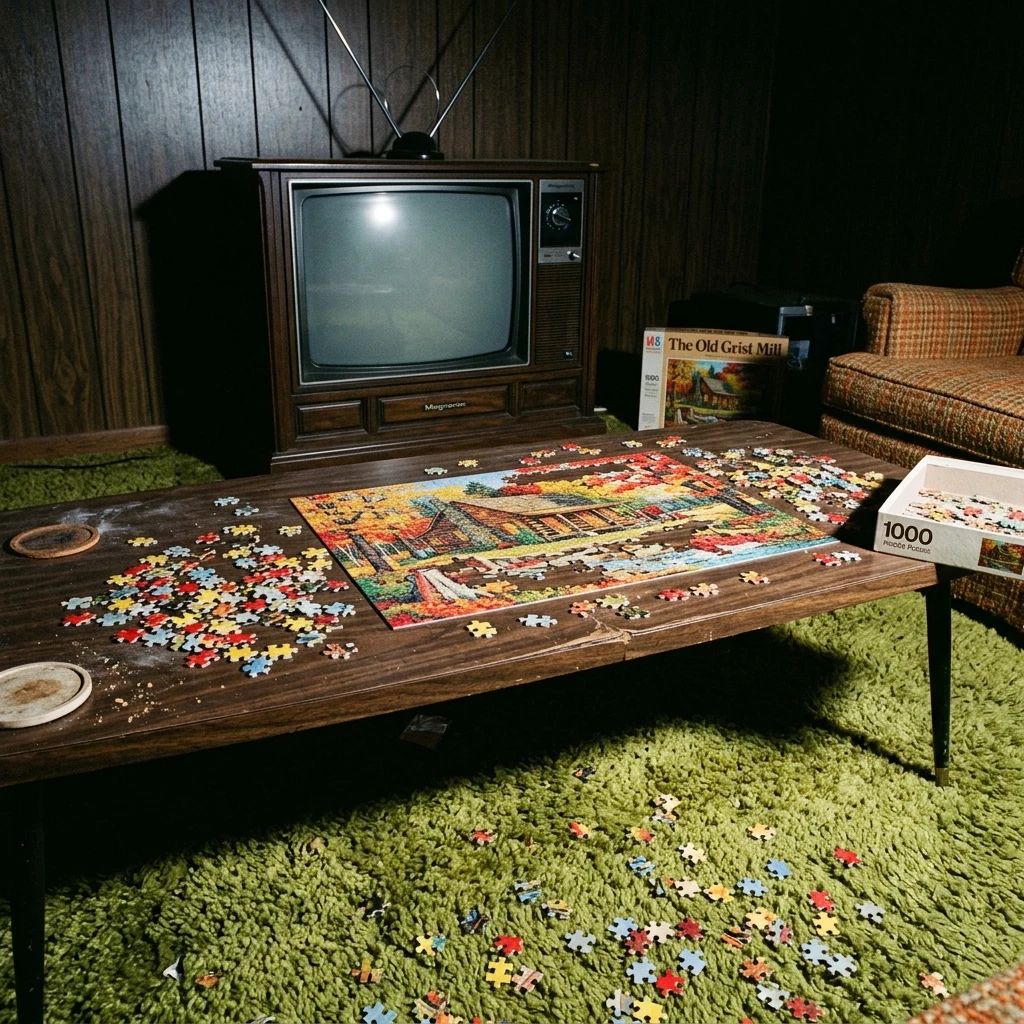 A 1970s wood-paneled basement rec room shot on Instamatic flash