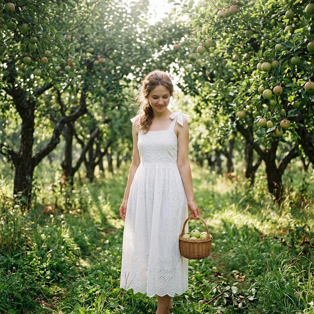 Morning light in a lush apple orchard