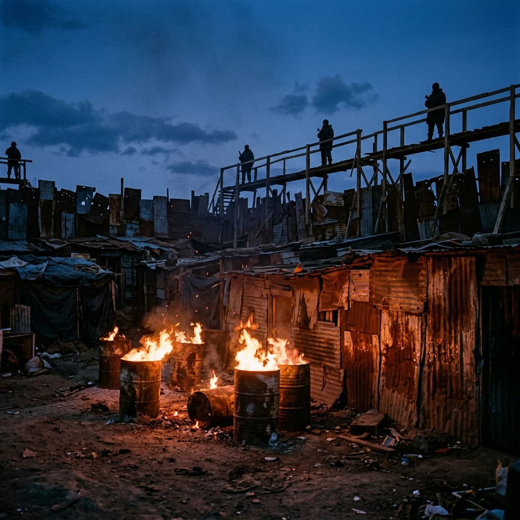 A twilight shot of a wasteland shanty town perimeter illuminated by flaming oil drums