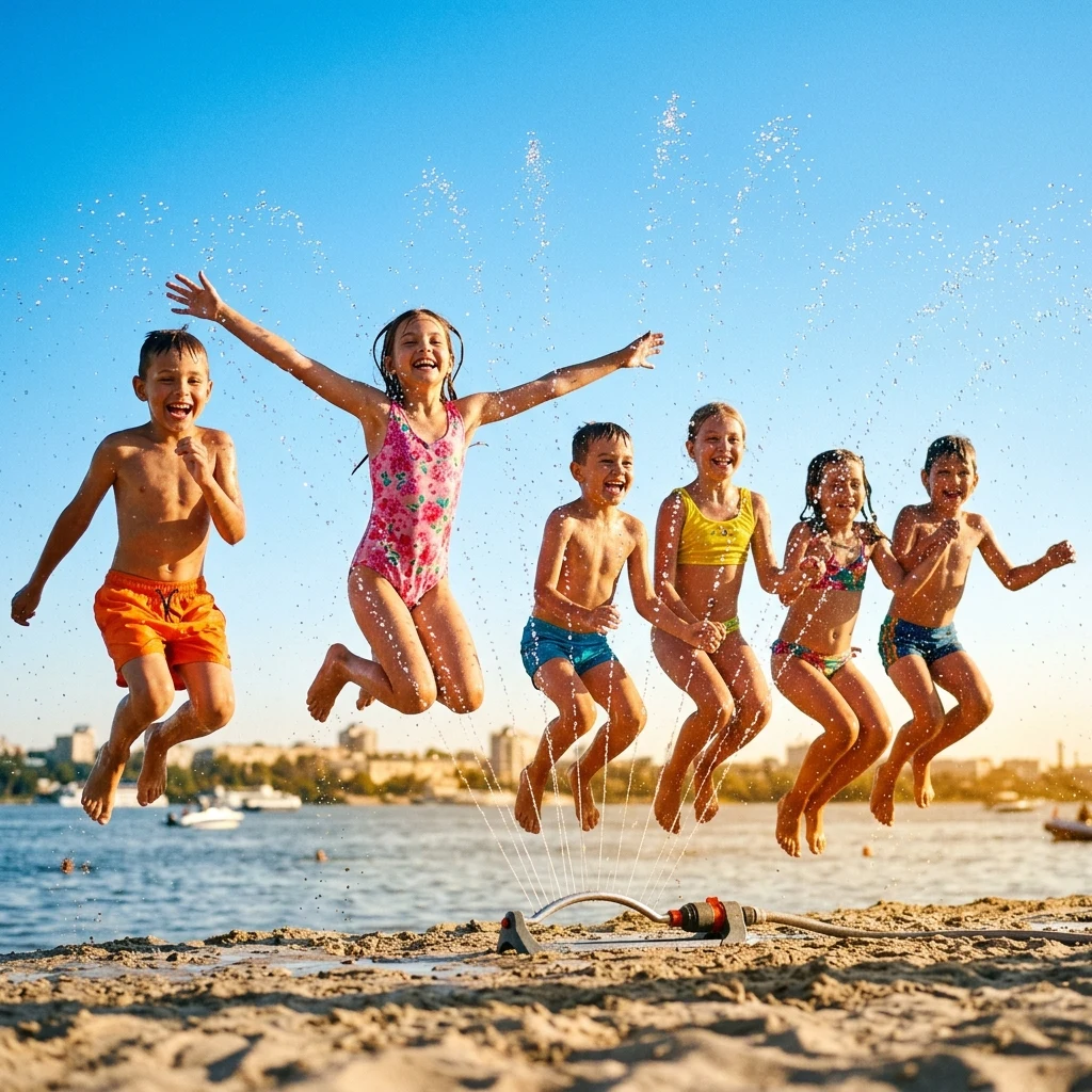 Children playing in garden sprinklers