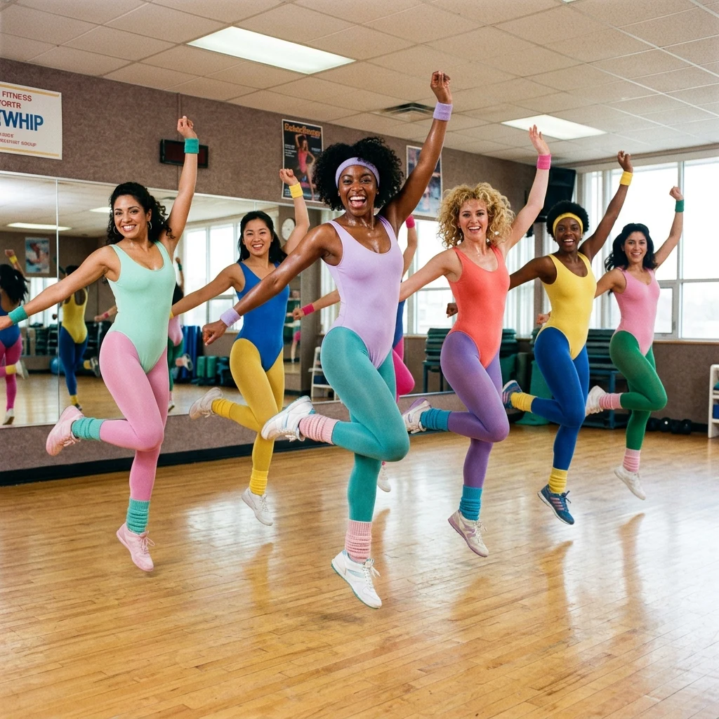 Friends performing a high energy aerobics routine