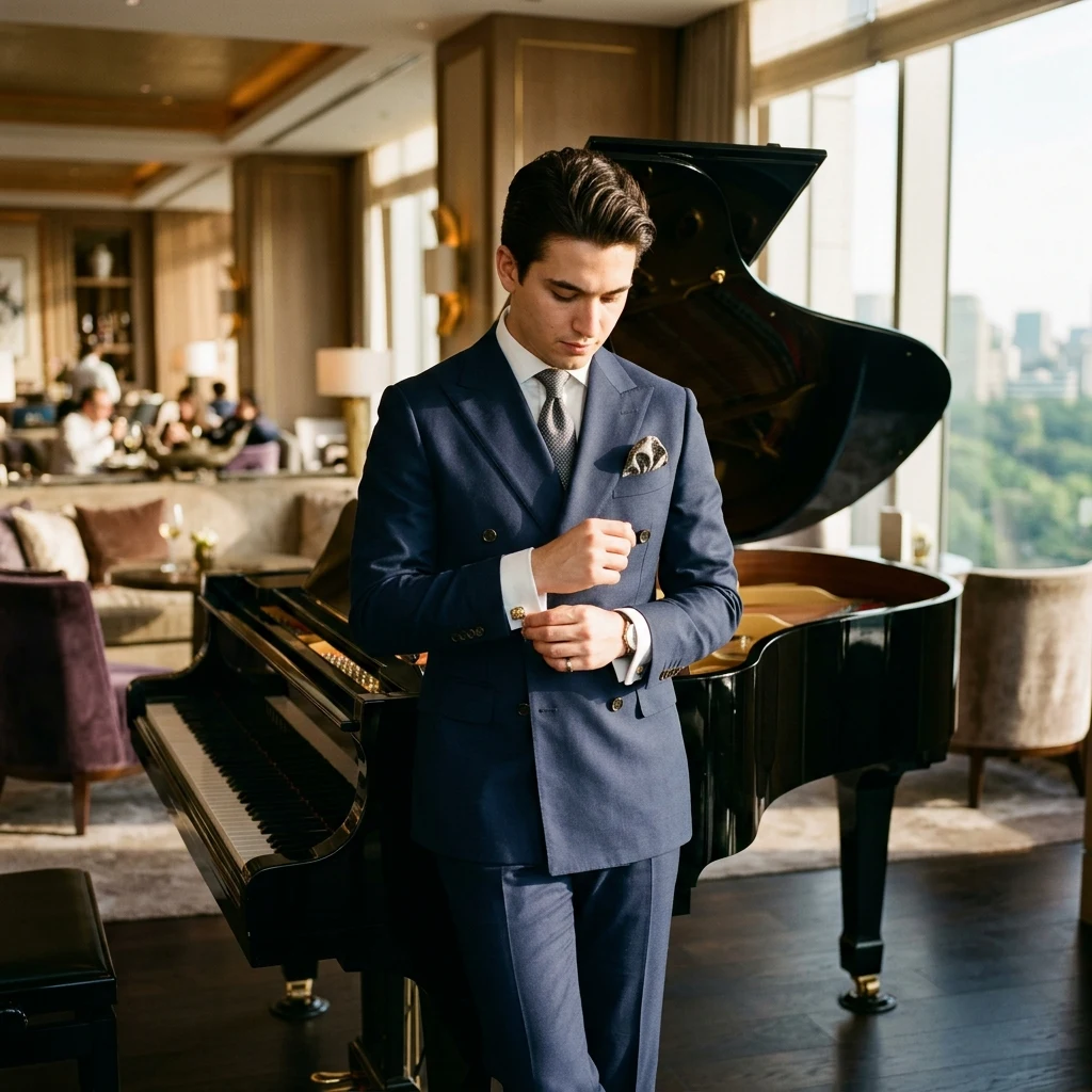 Elegant person in a sunlit hotel lounge