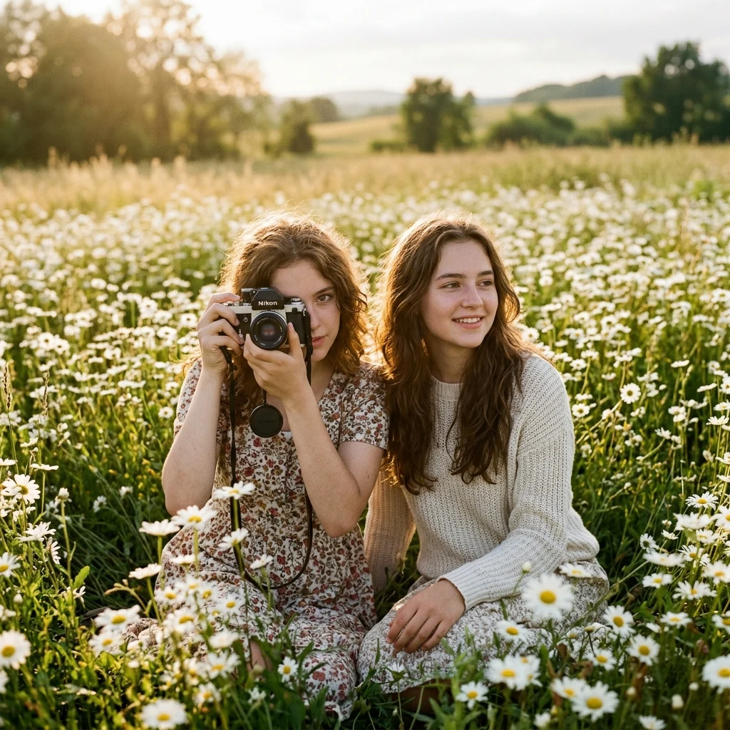 Two friends sitting in a daisy field