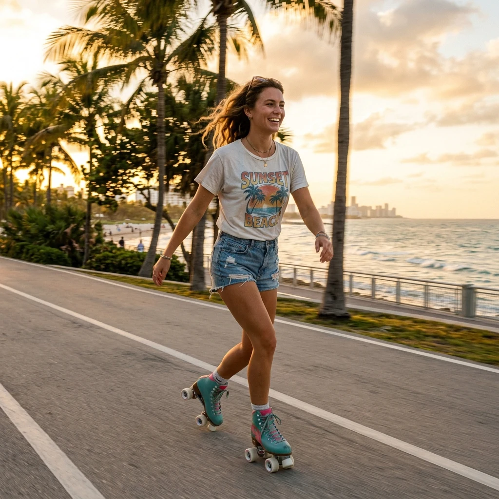 A woman in denim cutoffs and a vintage tee on roller skates along the South Pointe path…