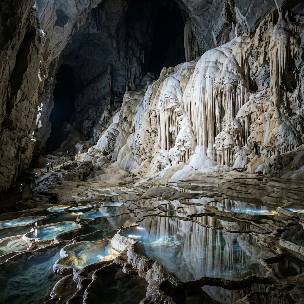 Glowing pools inside a vast underground cavern