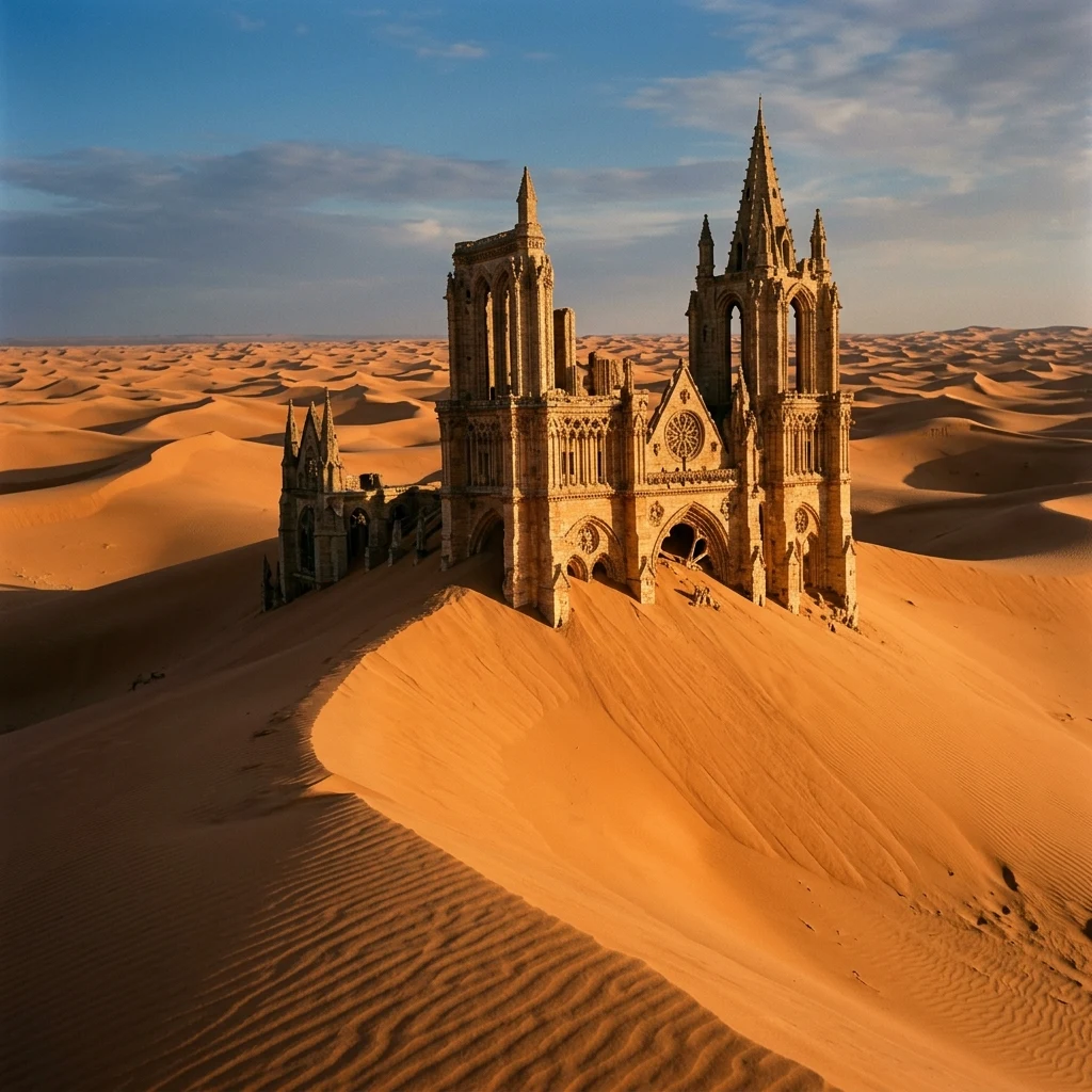 An endless expanse of desert sand dunes where the spires of an ancient cathedral peek…