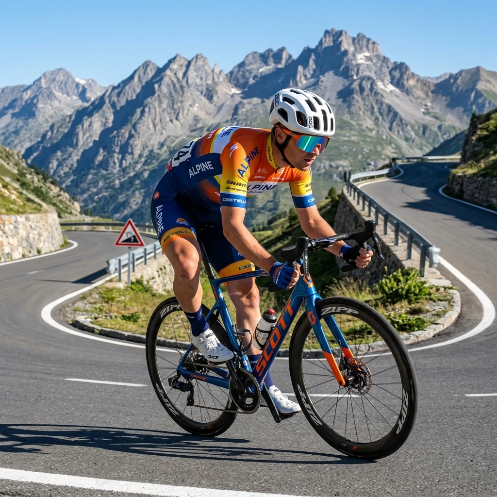 A competitive road cyclist in a aero-fit team jersey
