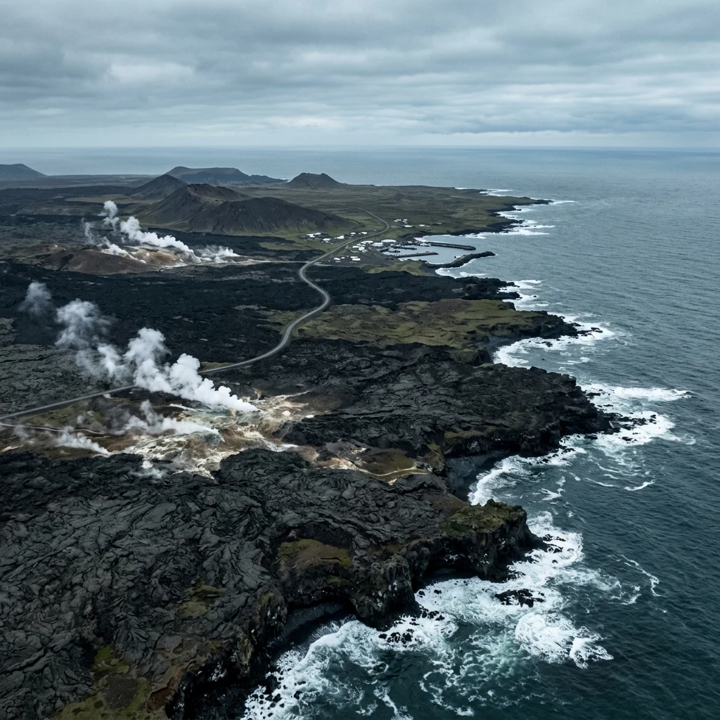 A stark aerial drone photograph of the black lava fields and steam vents of the Reykjanes…