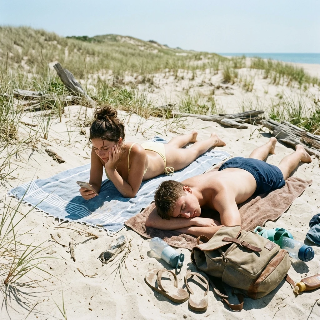 Sunbathing: An 18-year-old girl wearing a minimal pastel yellow string bikini lying…