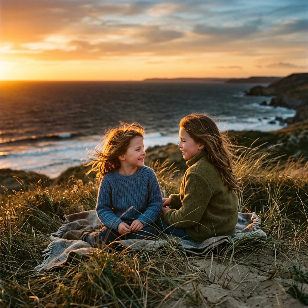 Sisters watching the sunset on a dune