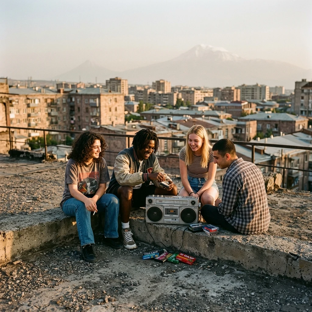 A group of friends listening to cassette tapes on a boombox atop a concrete garage roof…