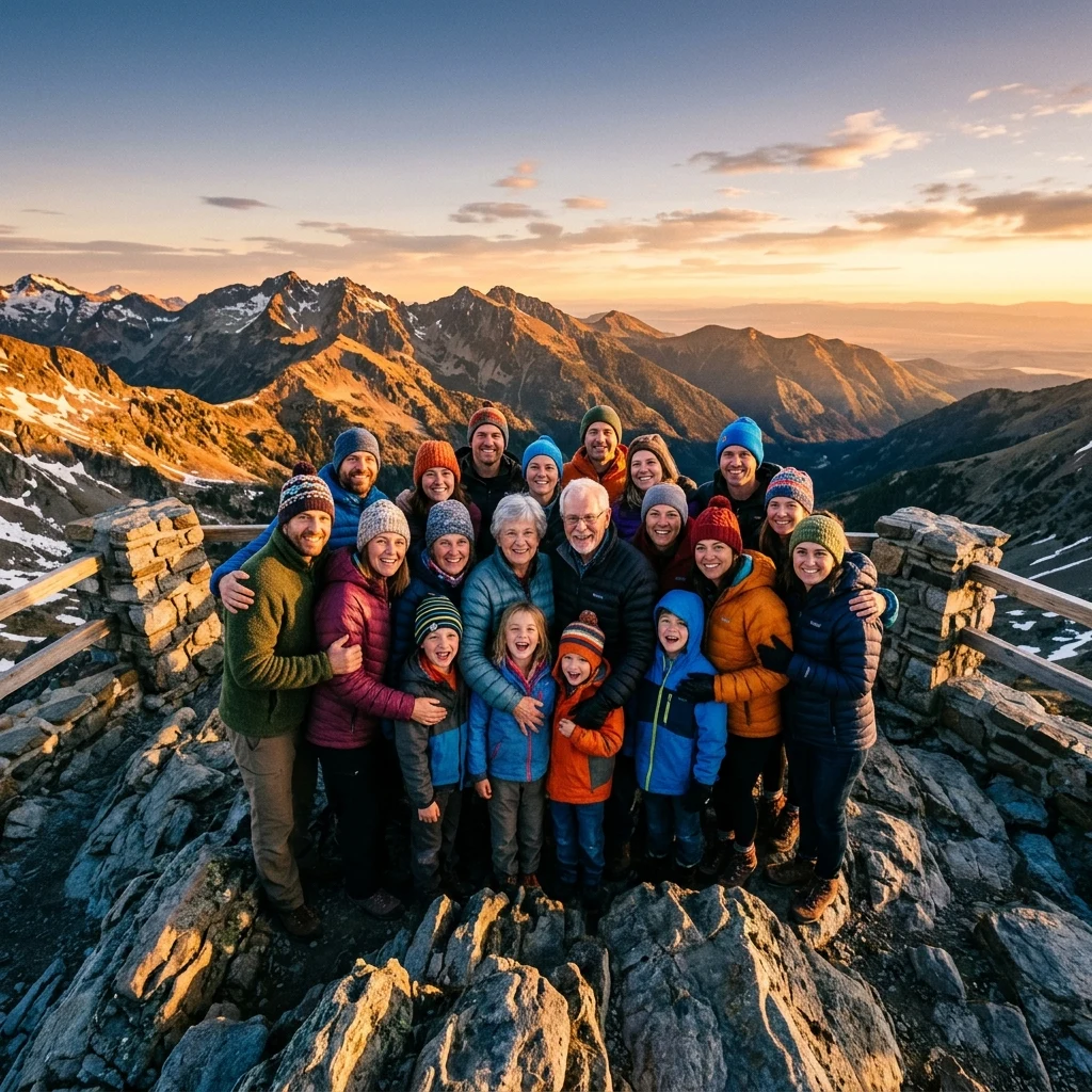 An extended family group portrait taken on a rocky mountain lookout point