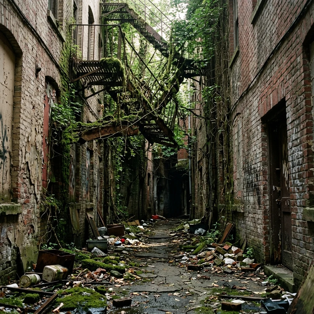 Vines growing over an old fire escape