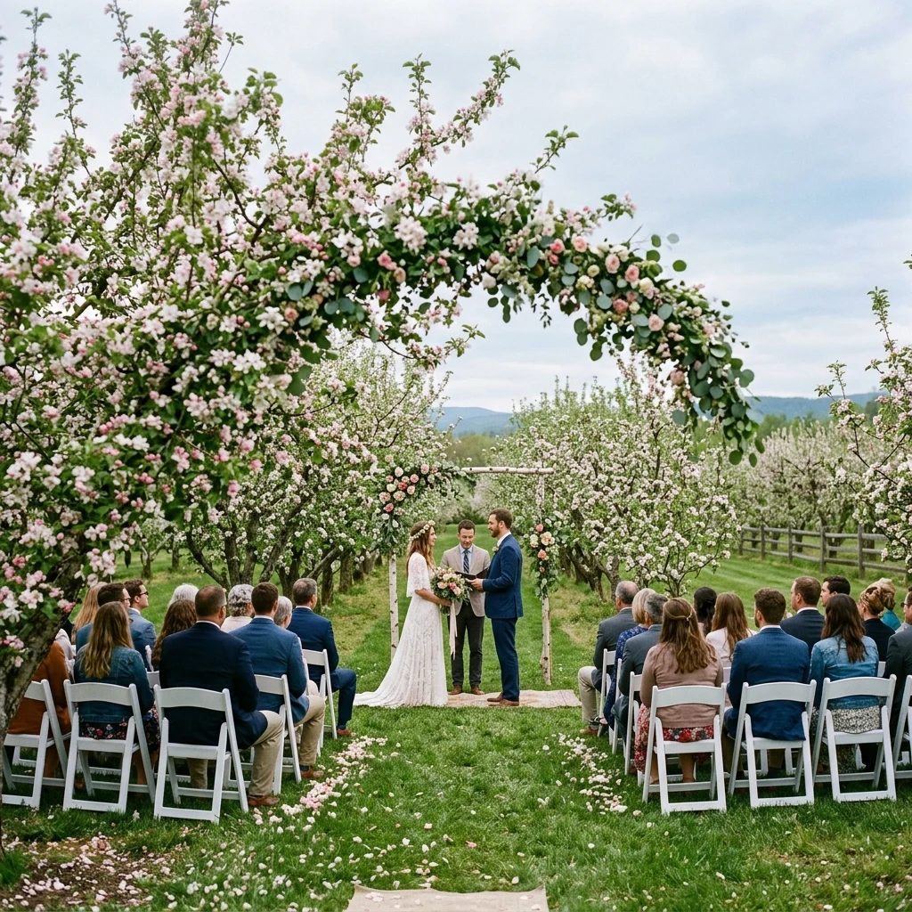 An outdoor wedding under blossom
