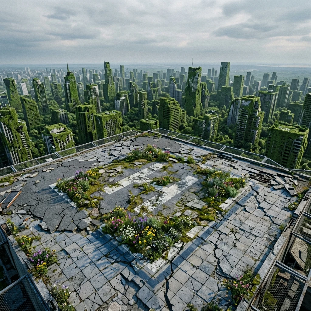 An abandoned rooftop helipad covered in cracked concrete and blooming wildflowers
