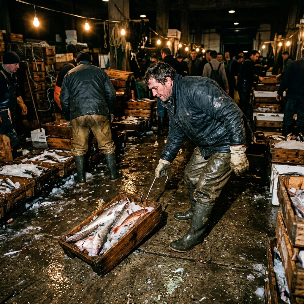 A pre-dawn fish market on wet concrete