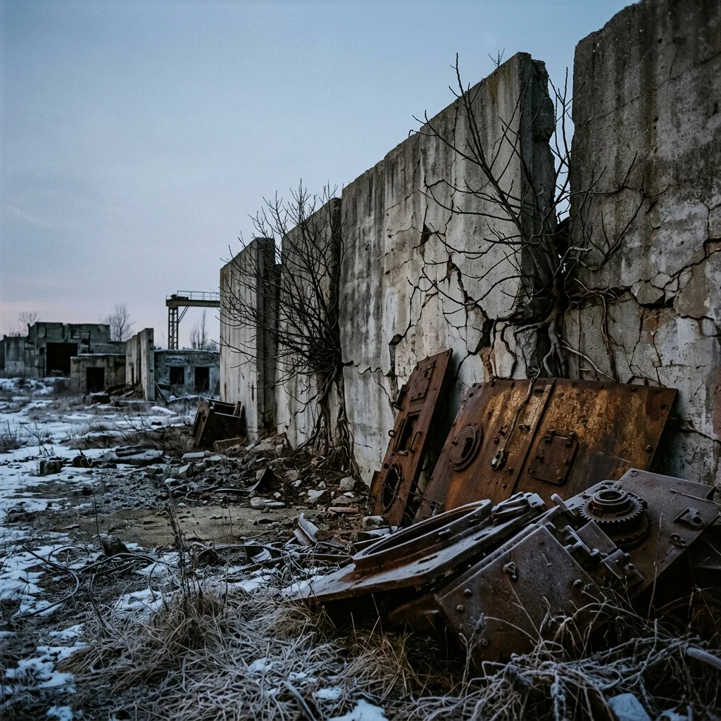 An abandoned weapons testing facility with massive concrete blast walls cracked by wild…