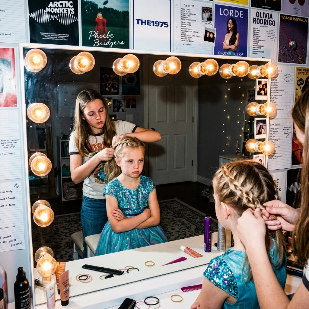 A teenage girl helping her younger sister with her hair before a school dance